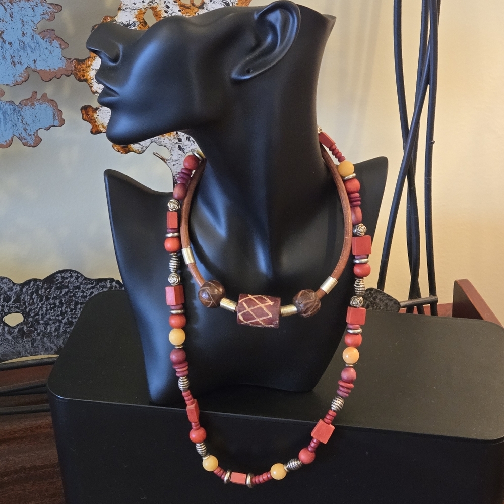 Batch of 2 Necklaces – Carved Wood & Earth‑Tone Beads. Boho / Artisan Style
